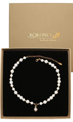 ŚLUBNA perłowa kolia choker HANDMADE ZŁOTY elegancki seashel zawieszka