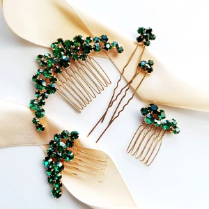 Zielony zestaw złotych eleganckich ozdób do włosów z cyrkoniami w stylu glamour