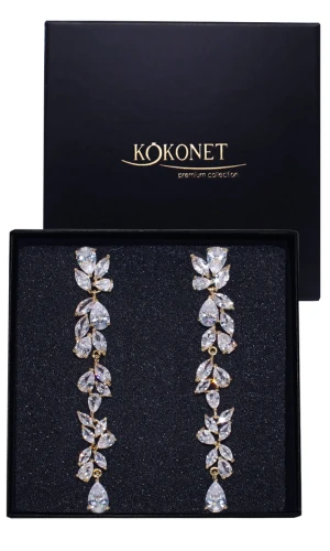 Kolczyki złote długie z listkami cyrkoniami ŚLUBNE eleganckie