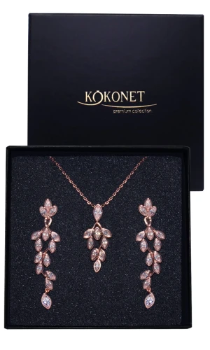 KOMPLET biżuterii rose gold kolczyki naszyjnik ELEGANCKI listki boho