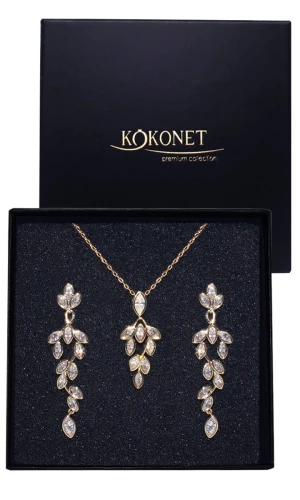 Komplet złotej biżuterii z listkami ŚLUBNA kryształki wiszą pnącza boho