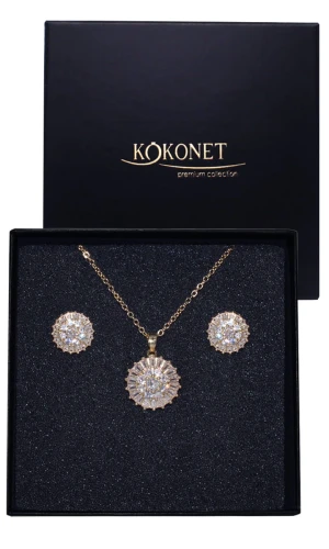 KOMPLET kolczyki naszyjnik okrągłe koła wysadzane cyrkoniami złote GLAM